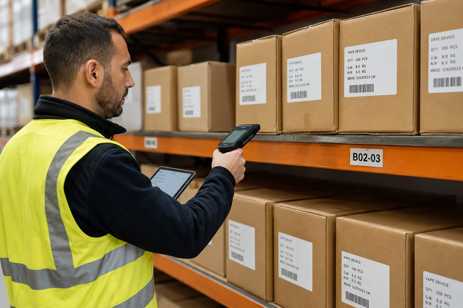 Accurate Vape Stock and Delivery A warehouse worker scanning inventory