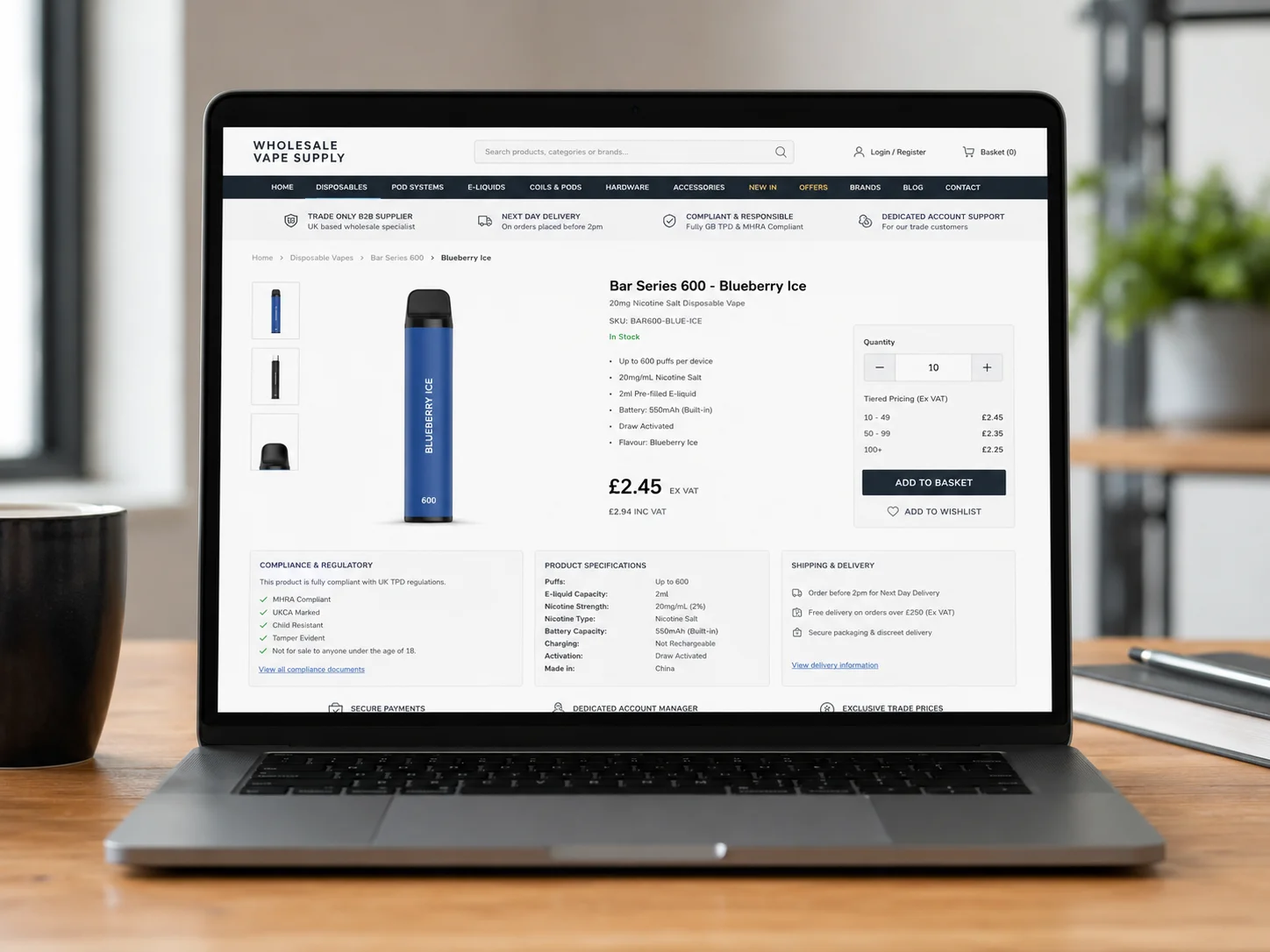 A compliant vape product page on a laptop screen