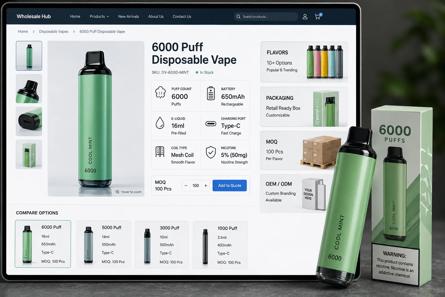 Vape wholesale website product page with puff count battery capacity flavors packaging and MOQ