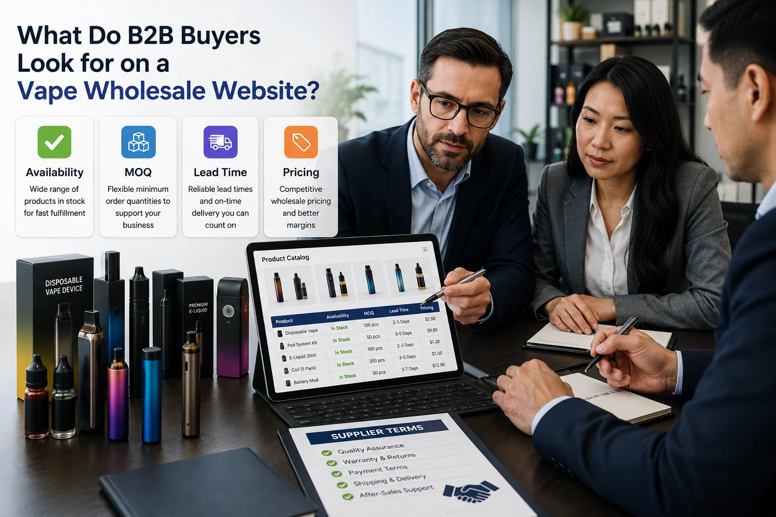 B2B vape buyers reviewing product availability MOQ lead time and supplier terms