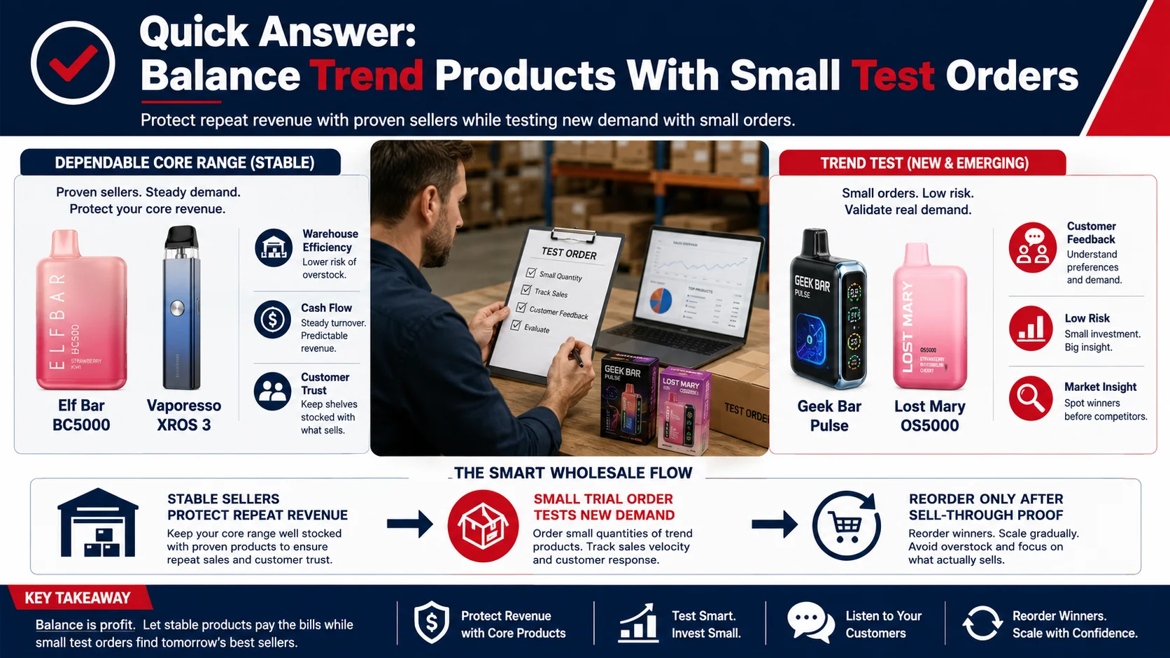 Trend vape product testing How to balance trend products and stable sellers in vape wholesale through small test orders