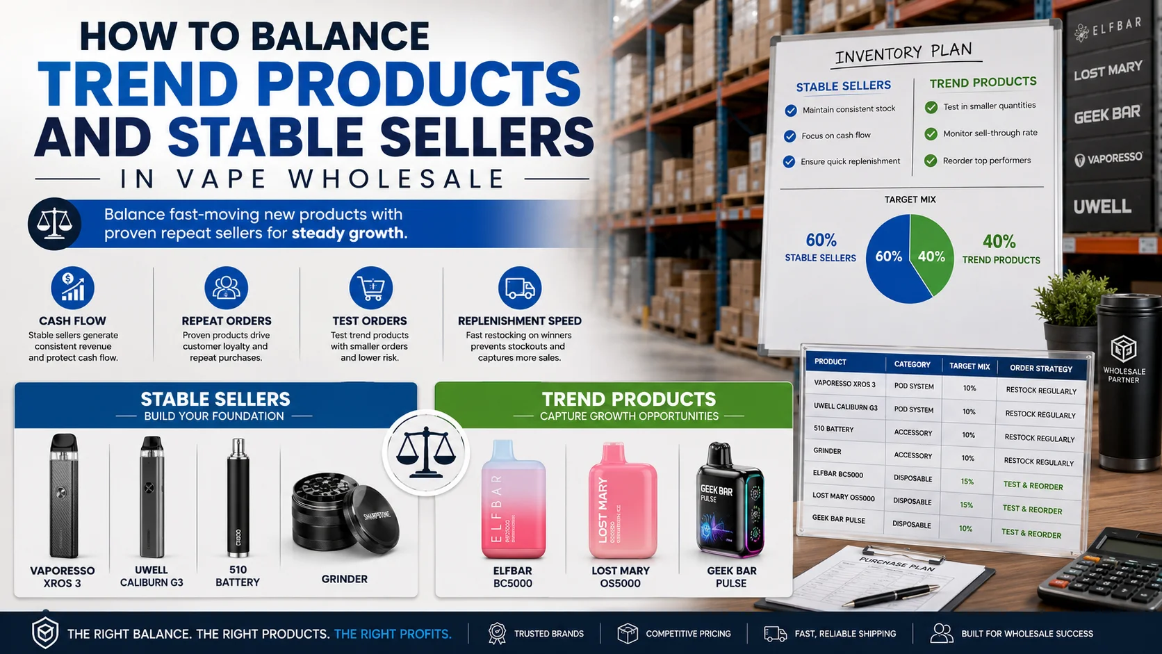 Infographic and warehouse background explaining how to balance trend products and stable sellers for vape wholesale with target mix, product examples, and benefits of both categories.