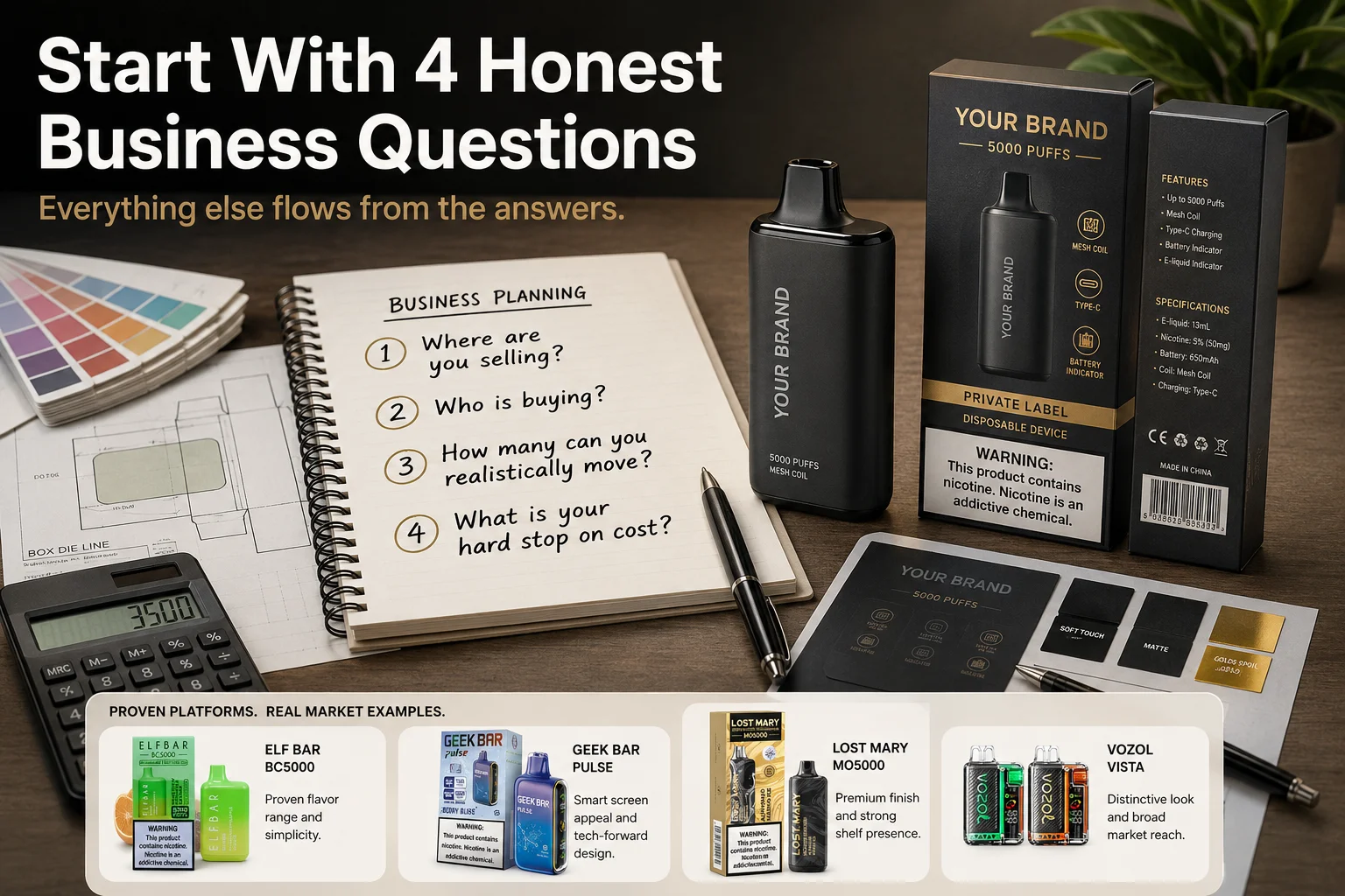 a person holding a private label vape device with custom packaging mockups on a desk