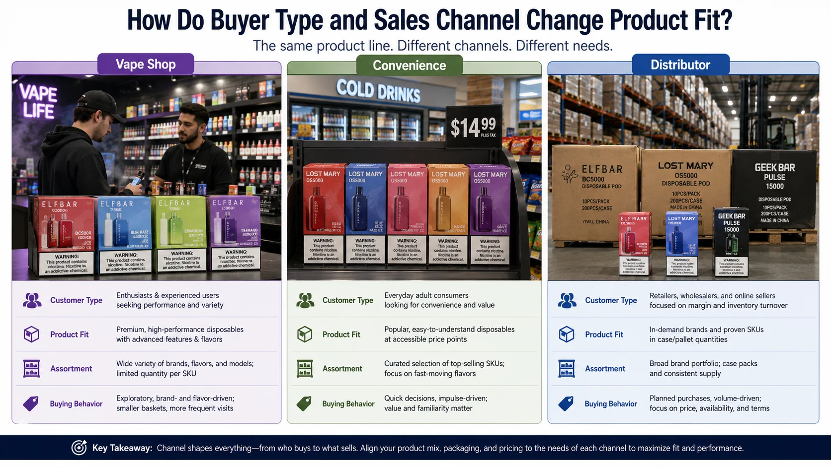 Vape wholesale product selection by sales channel