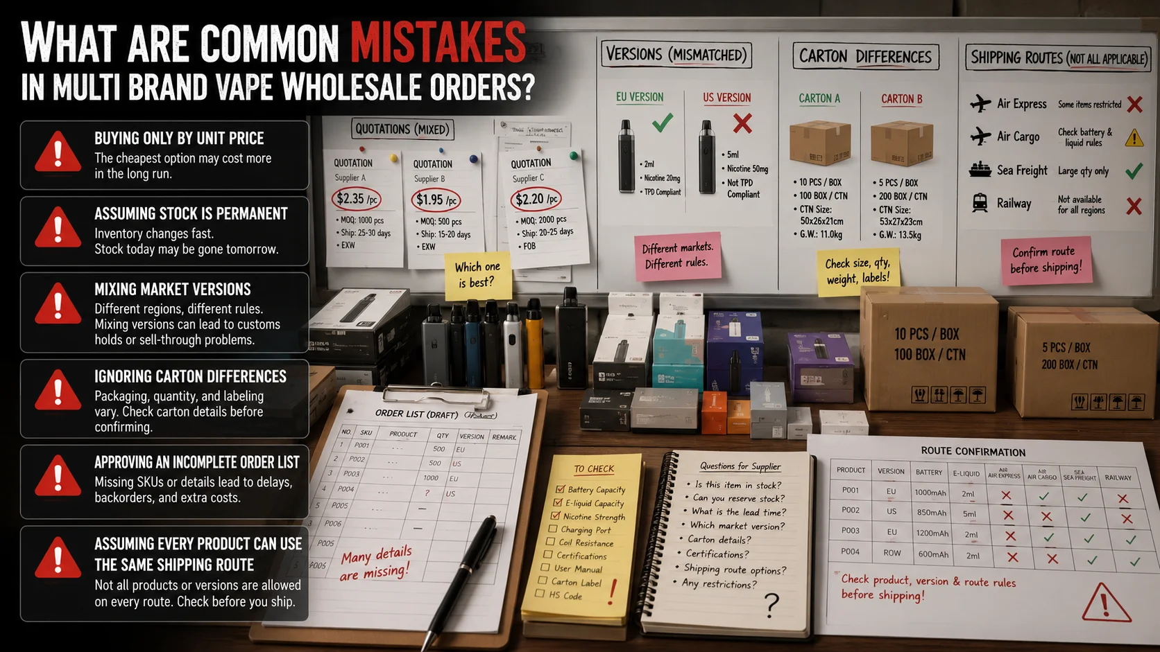 Illustration of common mistakes in multi-brand vape wholesale orders, featuring a comparison of carton differences, market versions, shipping methods, and ordering tips.