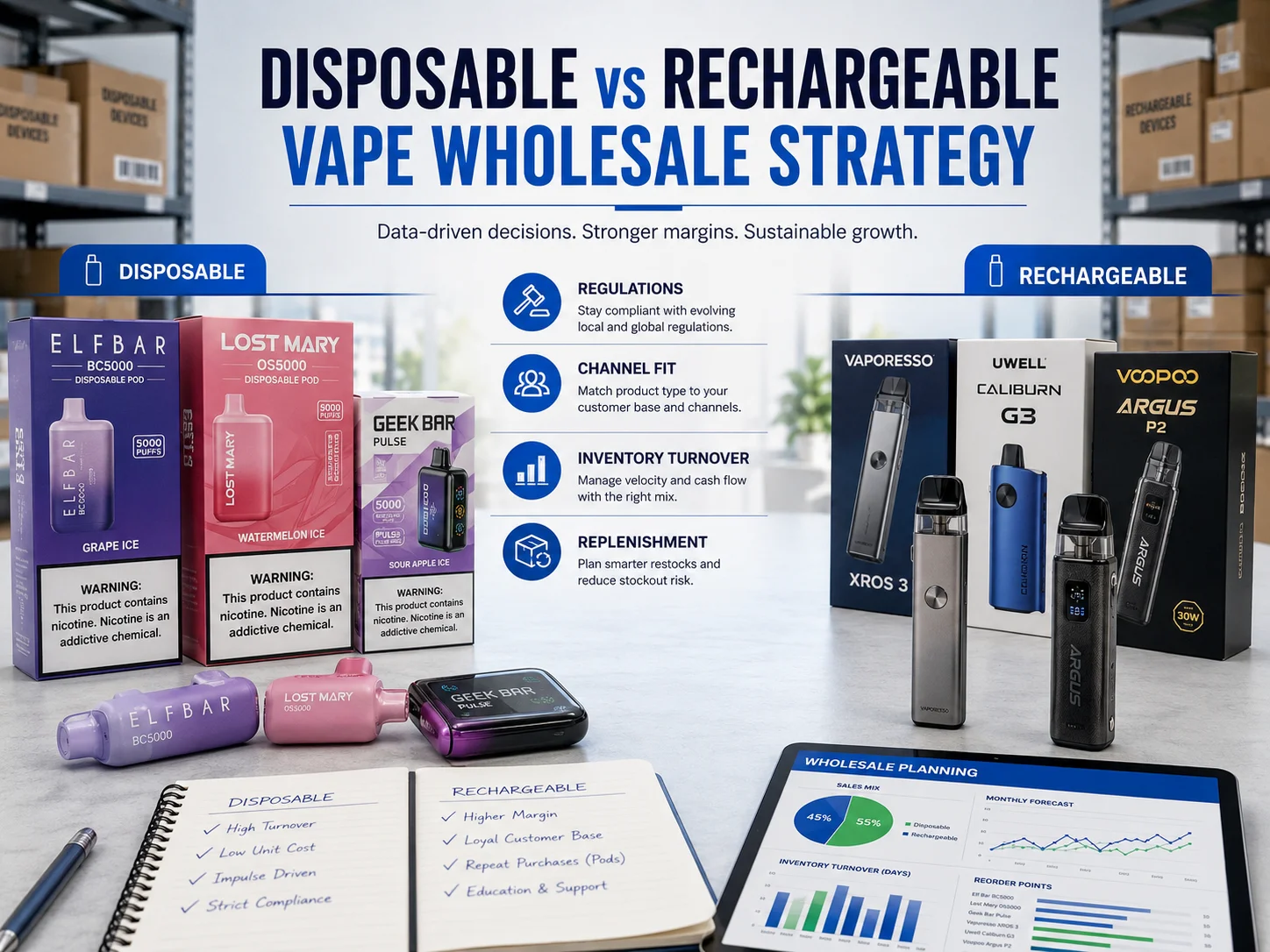 Comparison of disposable and rechargeable vape devices in a warehouse setting with product displays, benefits, and wholesale planning details.