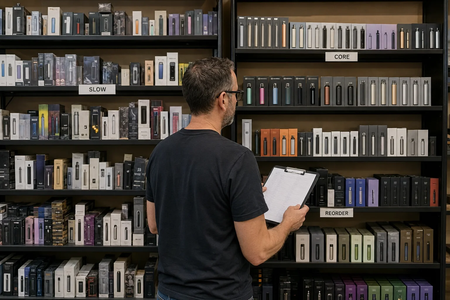 vape shop owner comparing a simple product range vs a cluttered shelf