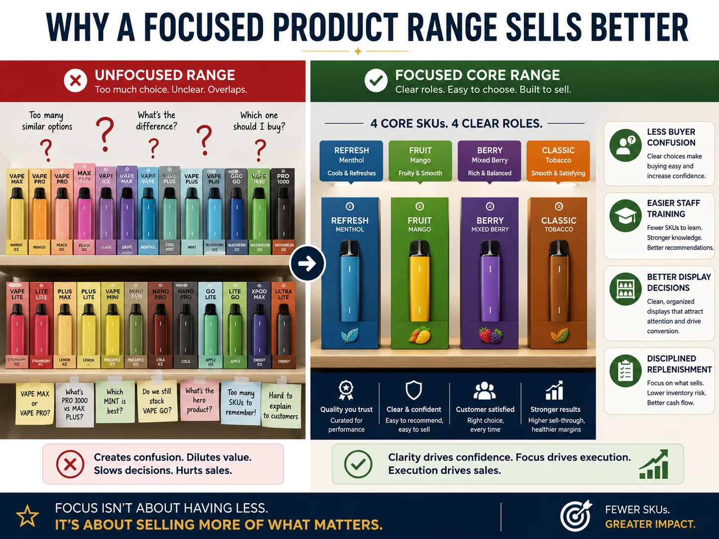 What makes a vape product line easier to sell with focused core vape SKUs