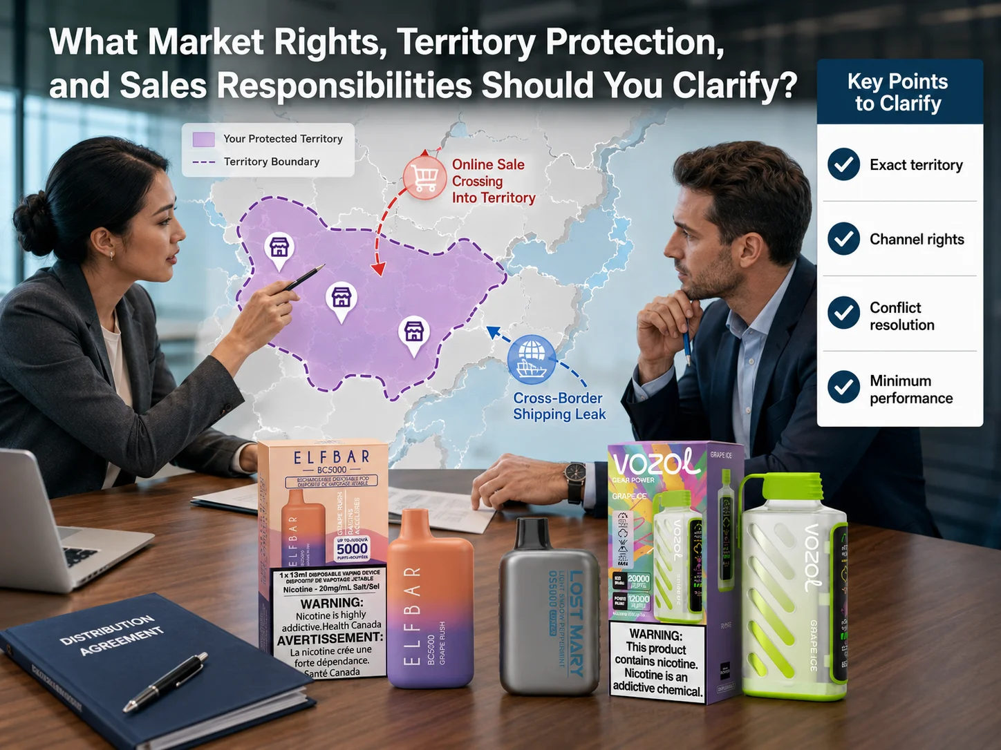 Two business professionals discussing market rights and territory protection, with visual aids like a map and electronic cigarette products displayed on a desk.