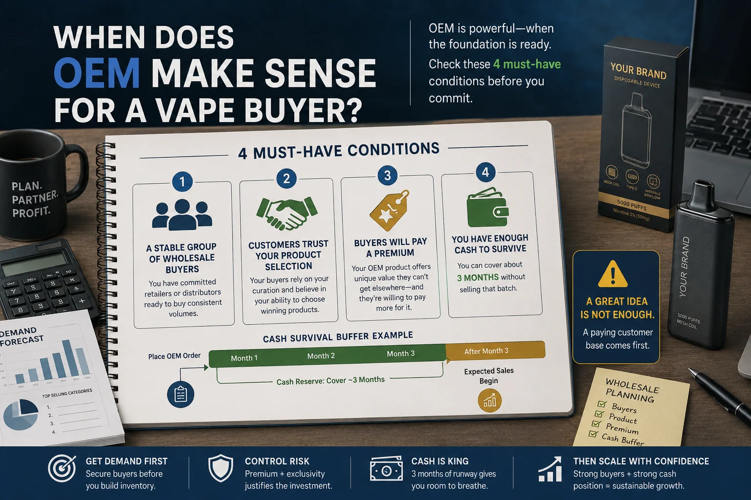 private label vape project planning a person holding a private label vape device with custom packaging mockups on a desk