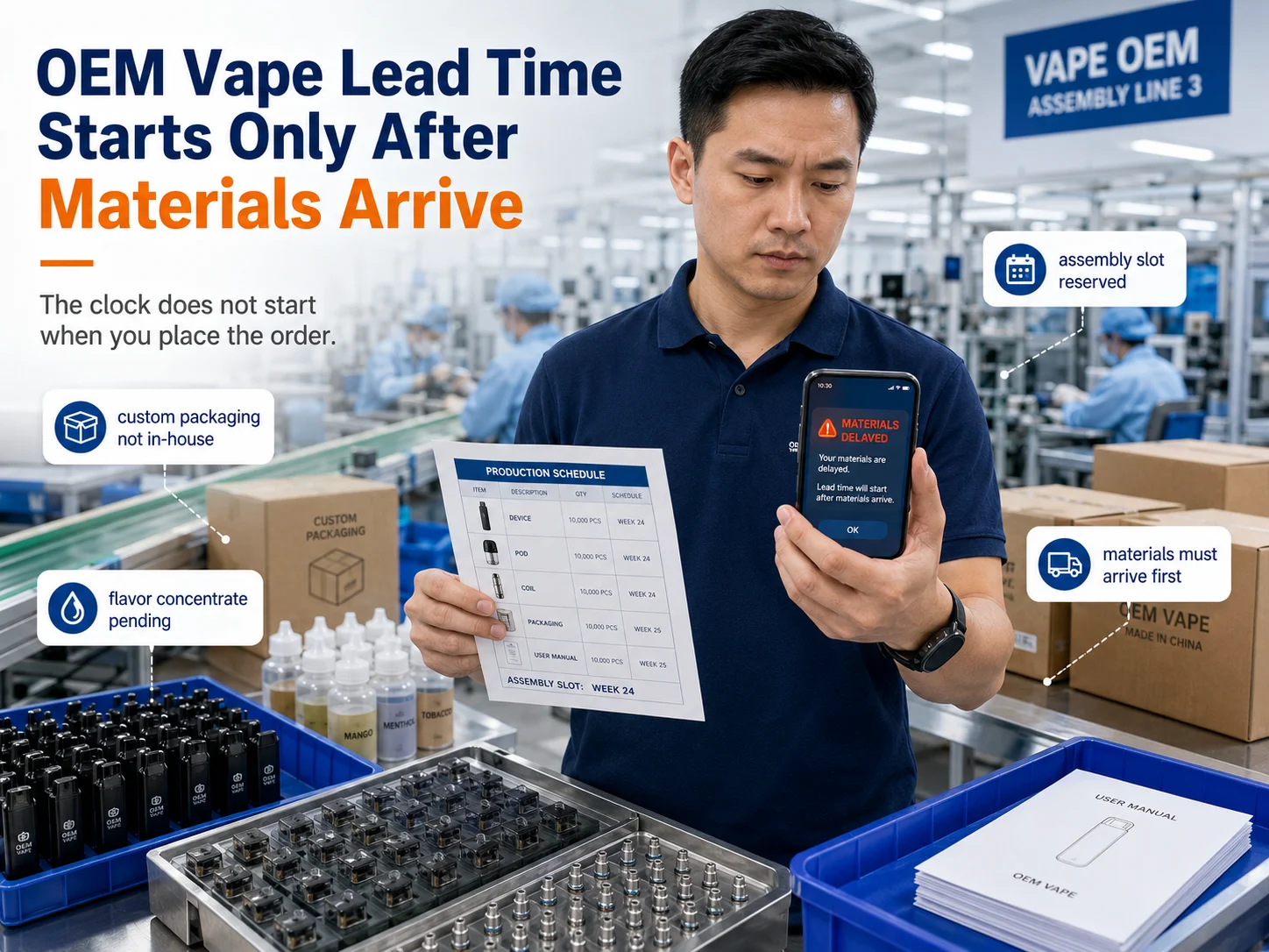 A man in a factory holding a smartphone showing a 'materials delayed' alert and a production schedule, with vape OEM products and materials in view.