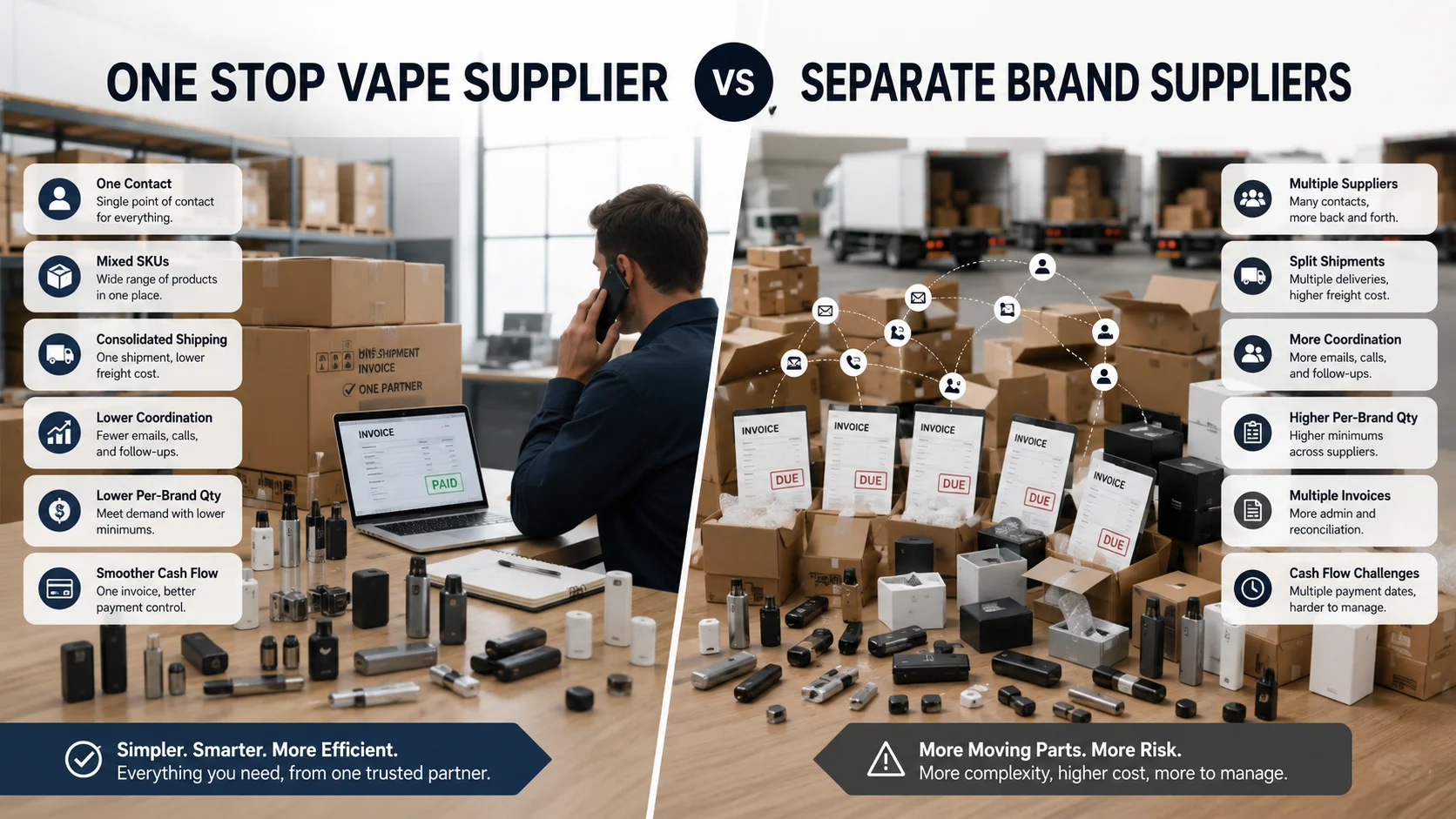 Comparison of one-stop vape supplier and separate brand suppliers displayed with key benefits and challenges. A man on a phone seated near organized boxes and vape products on the left side, while the right side shows a cluttered setup with invoices and packages.