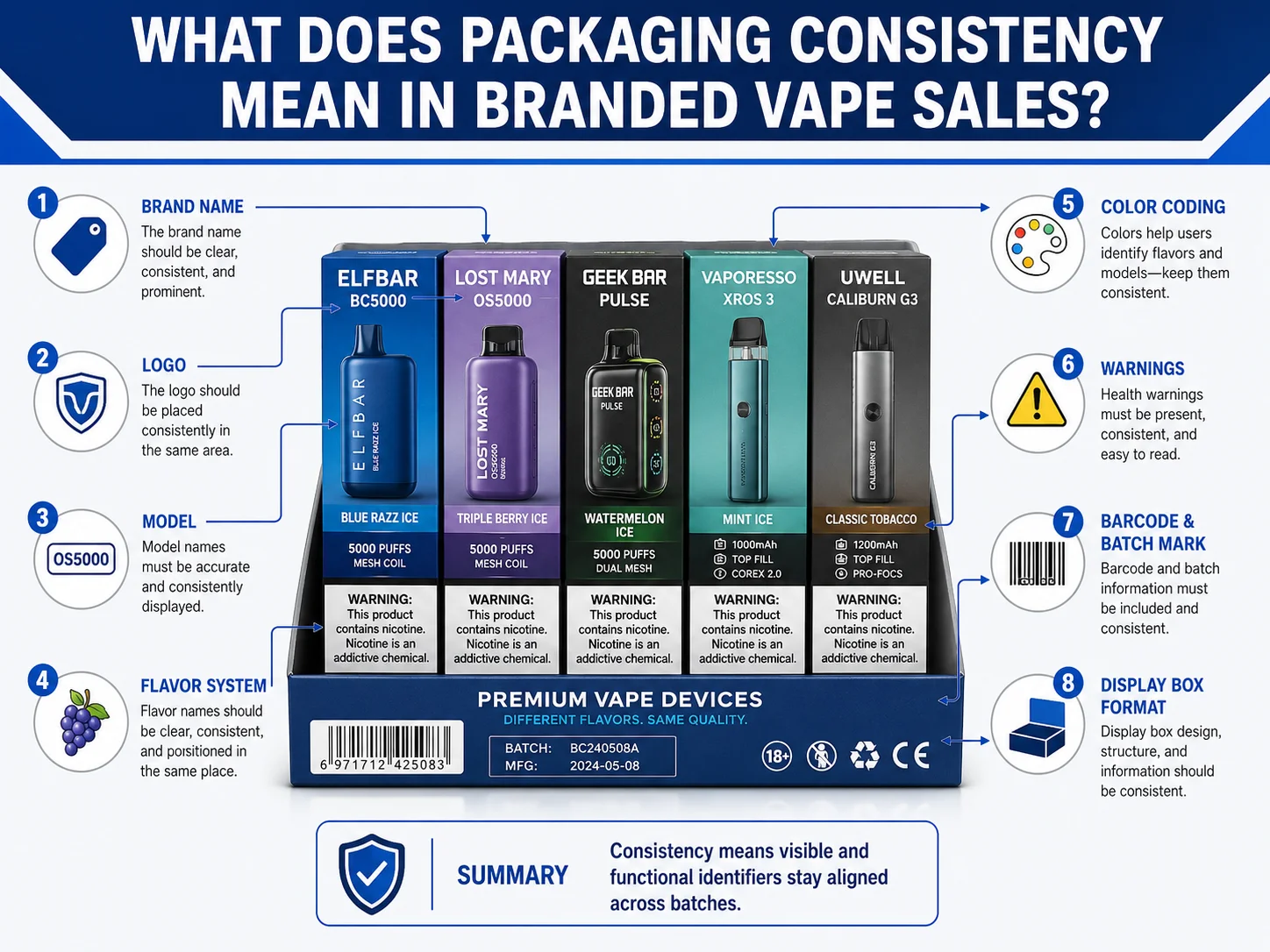 Authentic vape packaging details for branded vape wholesale