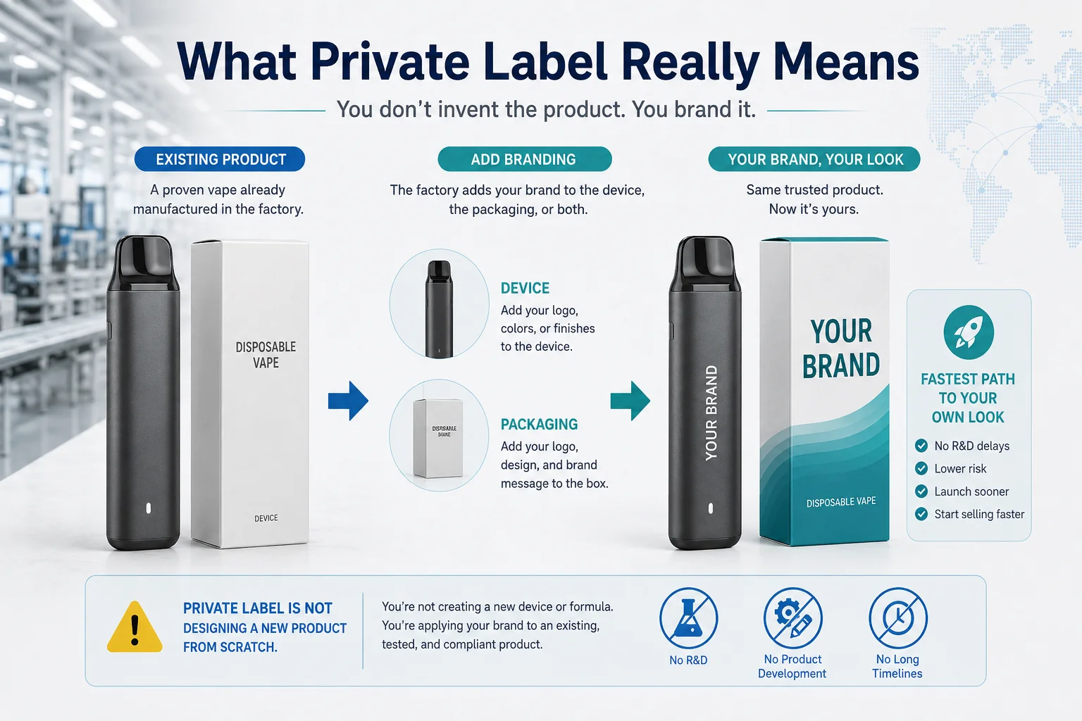 Diagram showing the private label branding process for disposable vapes, highlighting steps like device branding and packaging customization.