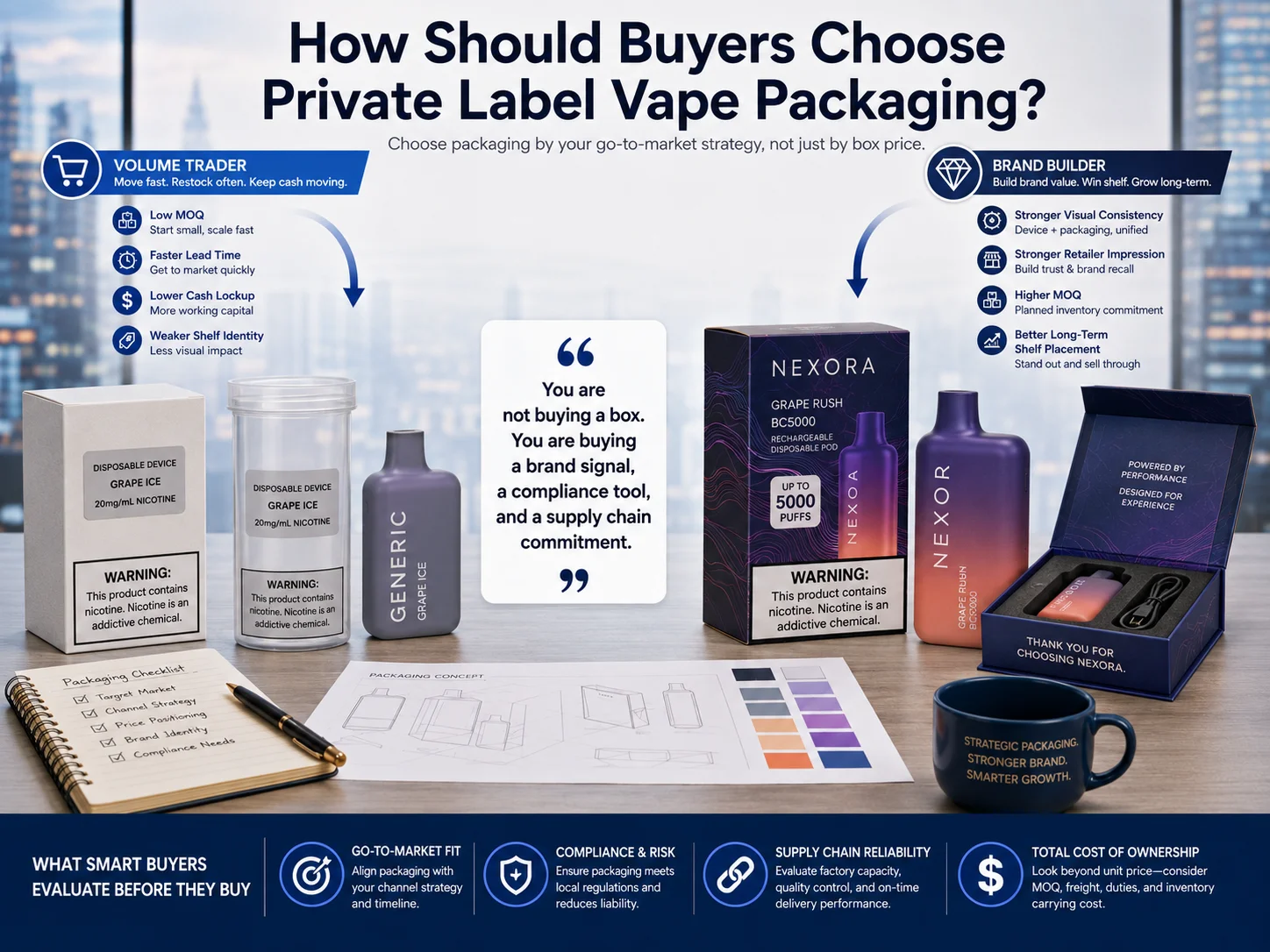 An informational graphic comparing volume trader and brand builder strategies for private label vape packaging with examples of minimalist and premium designs.