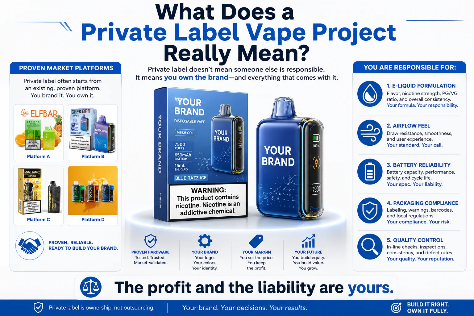 Infographic explaining private label vape responsibilities, showing a vape design with 'Your Brand,' product specs, and key aspects such as e-liquid formulation, battery reliability, and packaging compliance.