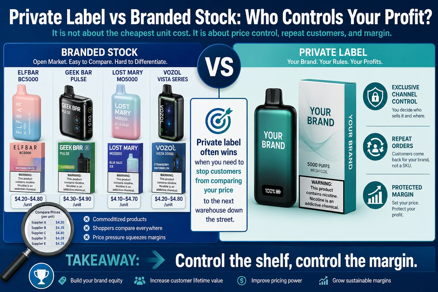 Graphic comparing private label and branded stock products, highlighting price control, repeat customer benefits, and profit protection through private branding.