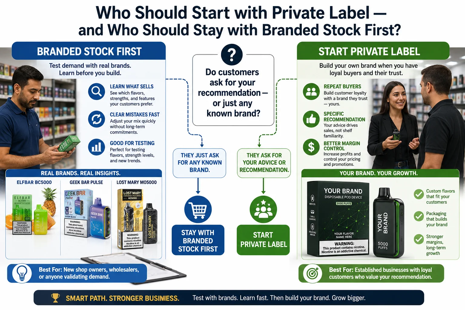 a shopkeeper arranging branded and private label vape products on shelves