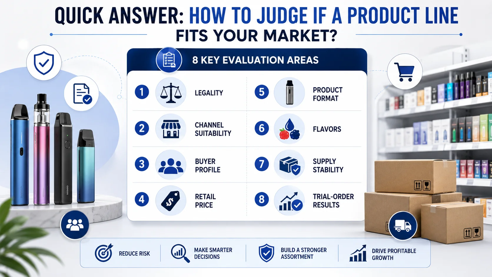 Infographic with e-cigarettes, a checklist, and boxes explaining steps to evaluate product line market fit, including legality, channel suitability, buyer profile, retail price, product format, flavors, supply stability, and trial-order results.