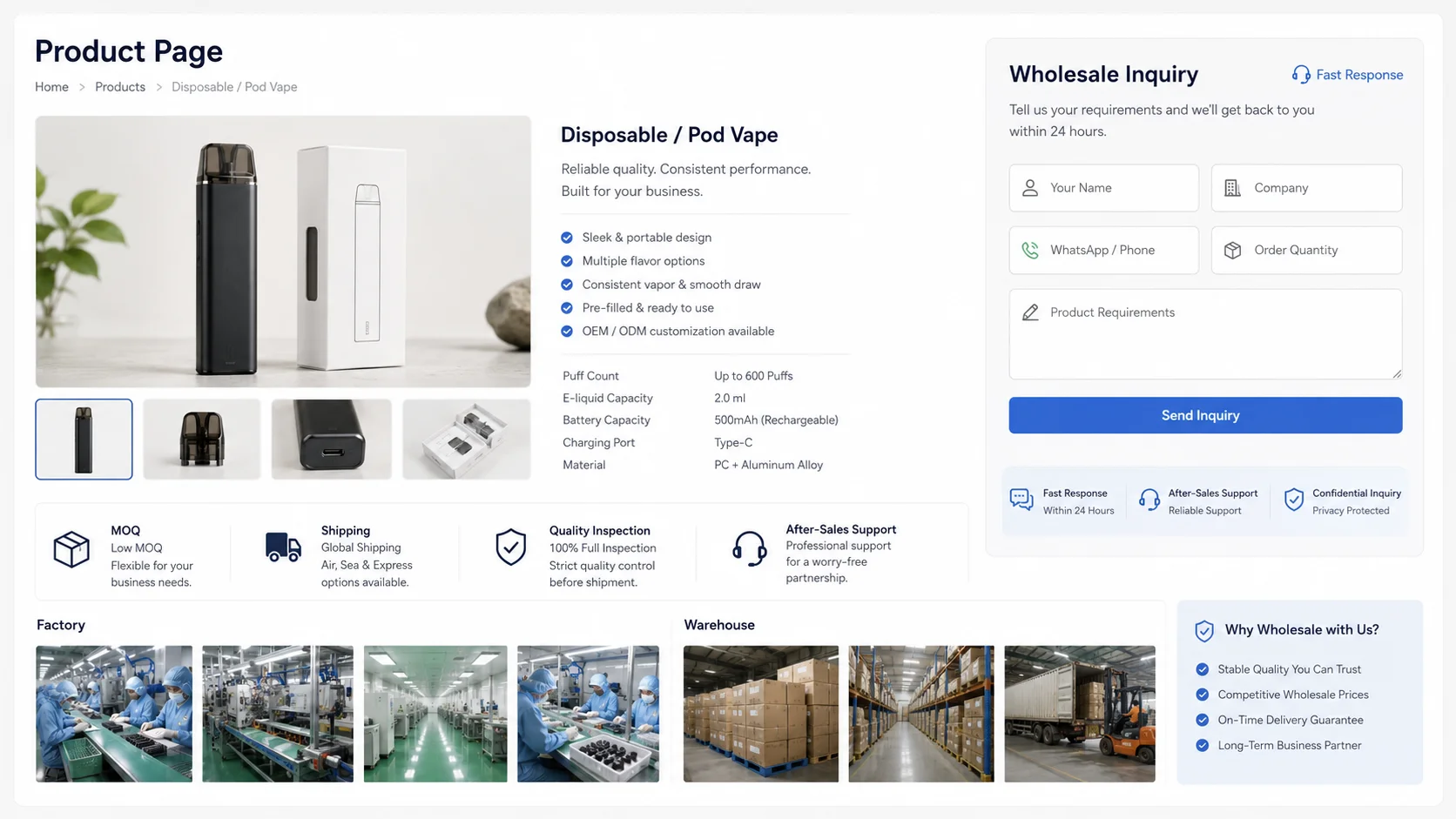 Trust signals on a B2B vape wholesale product page