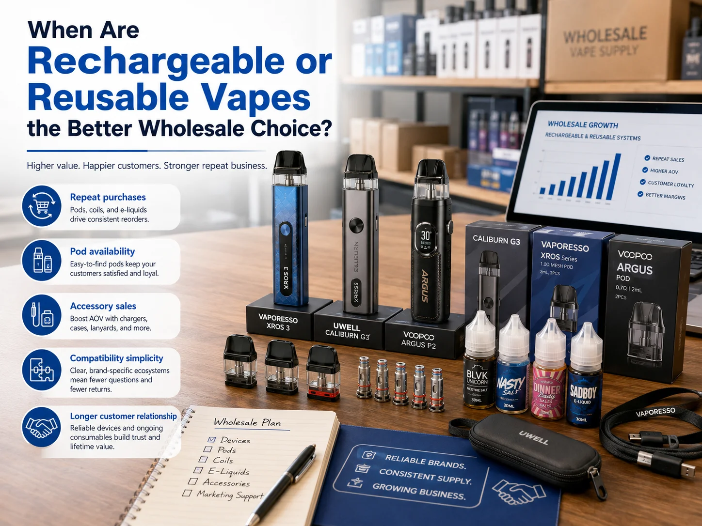 Rechargeable vape wholesale with reusable pods and replacement products