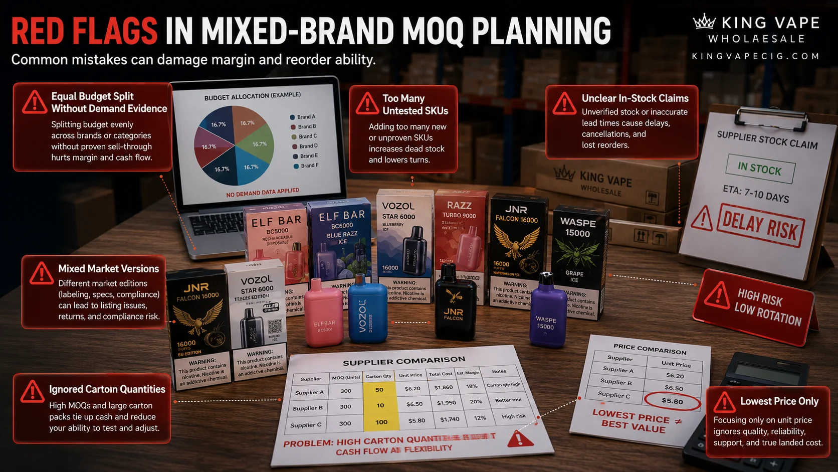 Informational image listing common mistakes in mixed-brand MOQ planning, including examples like untested SKUs and unclear stock claims.