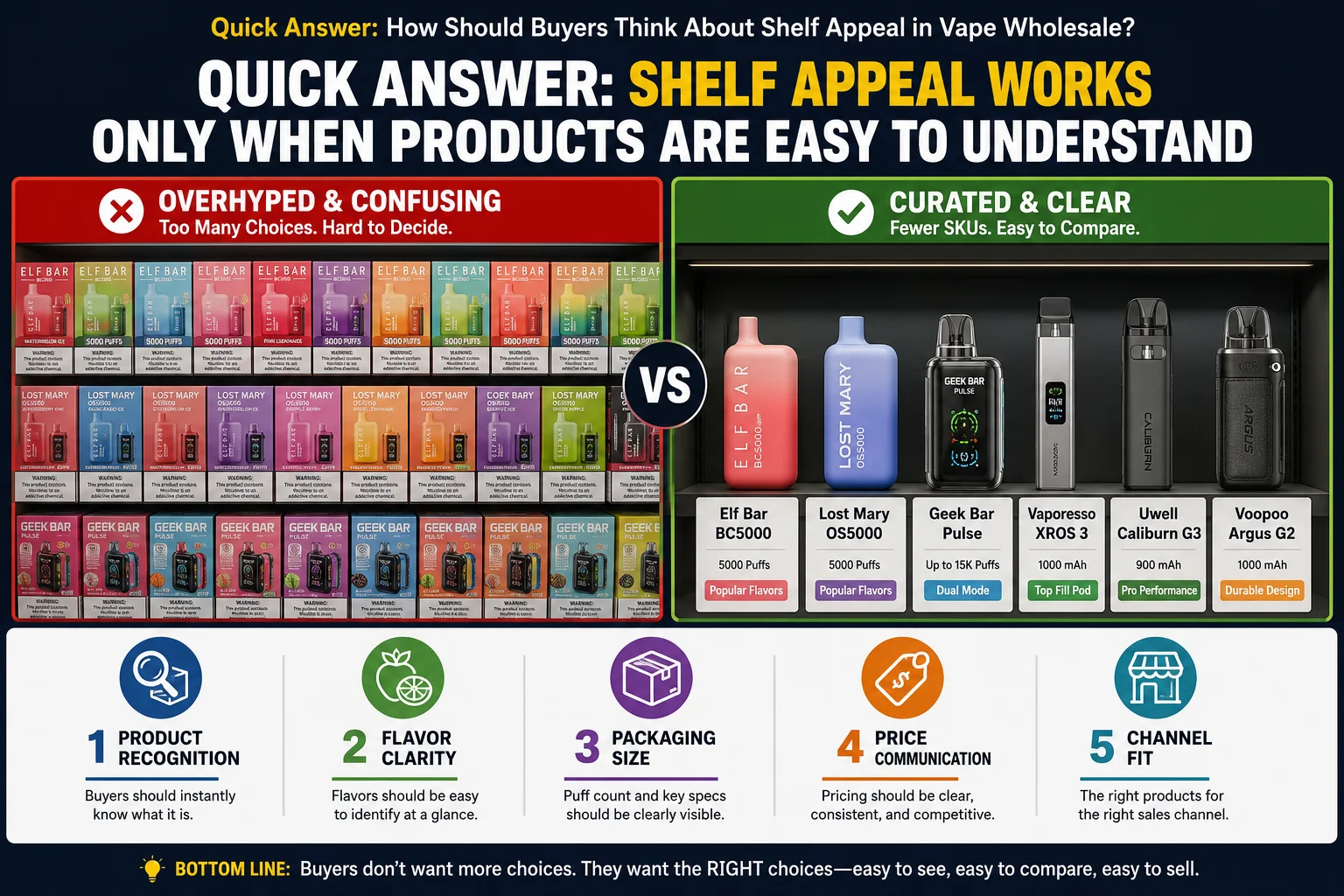 Comparison of shelf appeal strategies for vape wholesale products: 'Overhyped & Confusing' with many SKUs on the left, versus 'Curated & Clear' with fewer SKUs on the right. Includes tips for product recognition, flavor clarity, pricing communication, and channel fit.