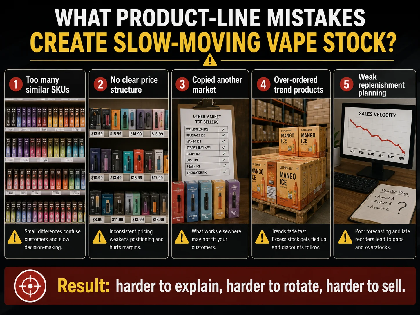 What makes a vape product line easier to sell by avoiding slow-moving stock