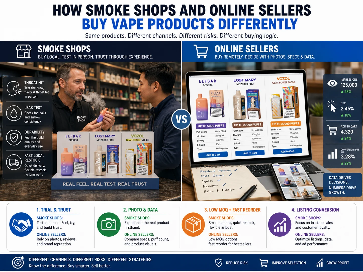 Illustration contrasting vape buying at smoke shops versus online sellers, showcasing differences in testing, data, and purchasing strategies.