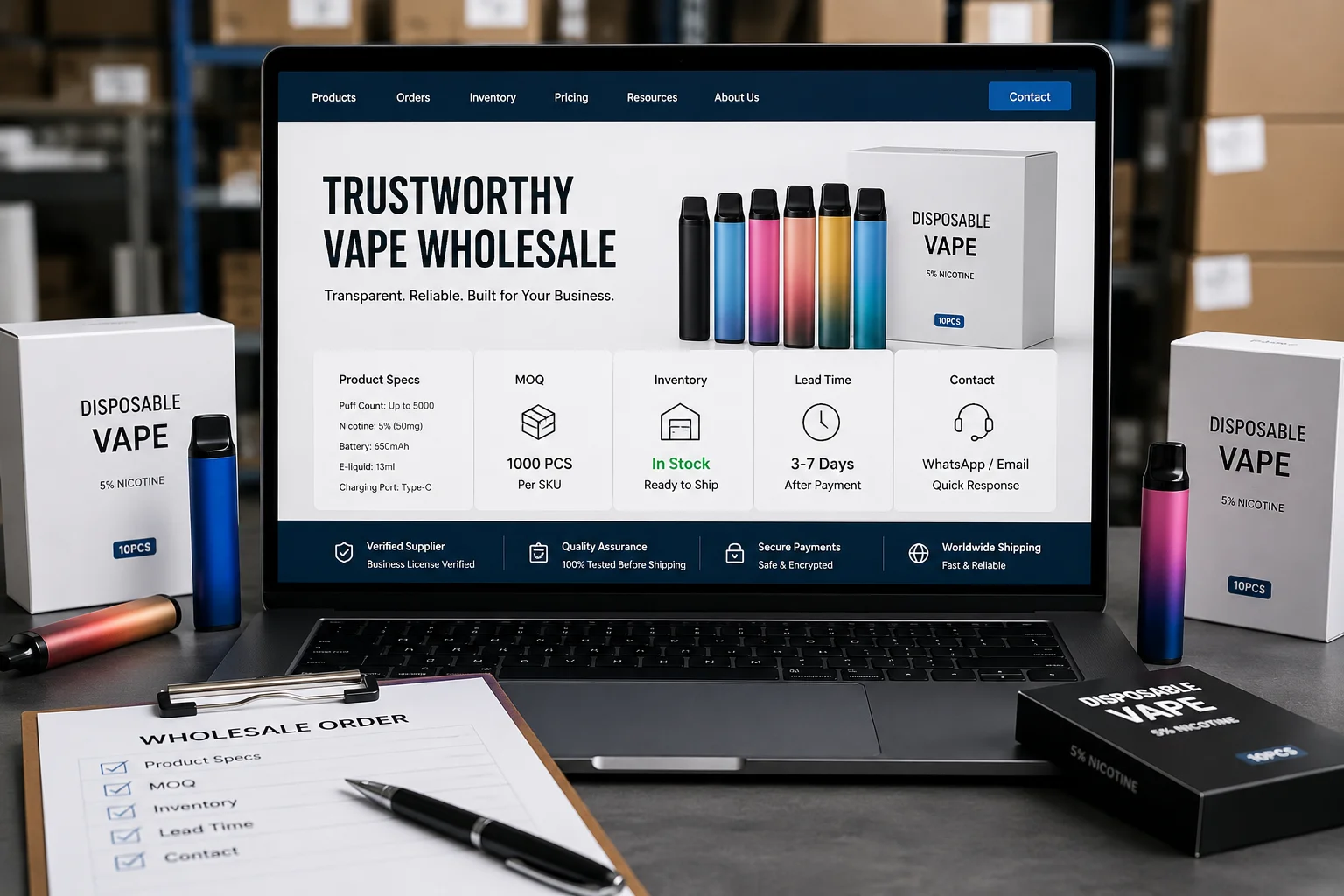 Vape wholesale website showing product specifications MOQ inventory and supplier contact information