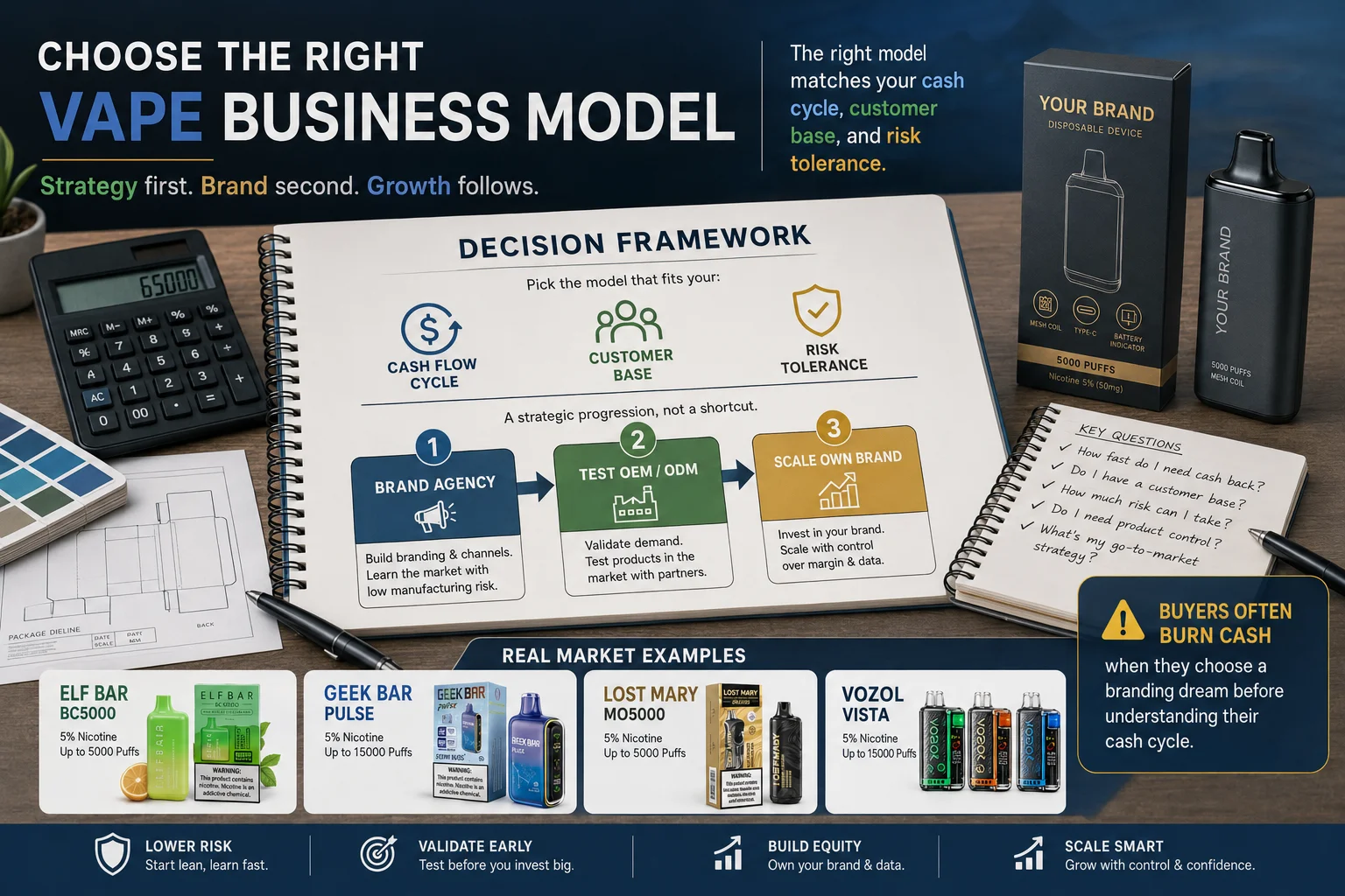 private label vape project planning a person holding a private label vape device with custom packaging mockups on a desk