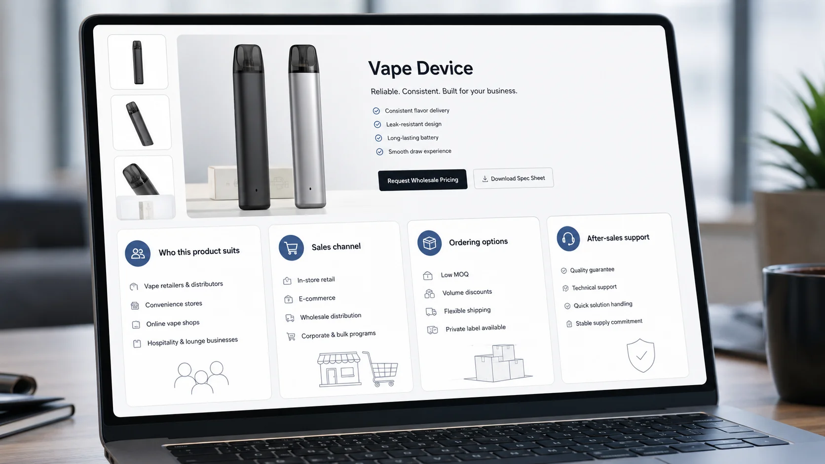 Educational vape product page with buyer-focused wholesale information