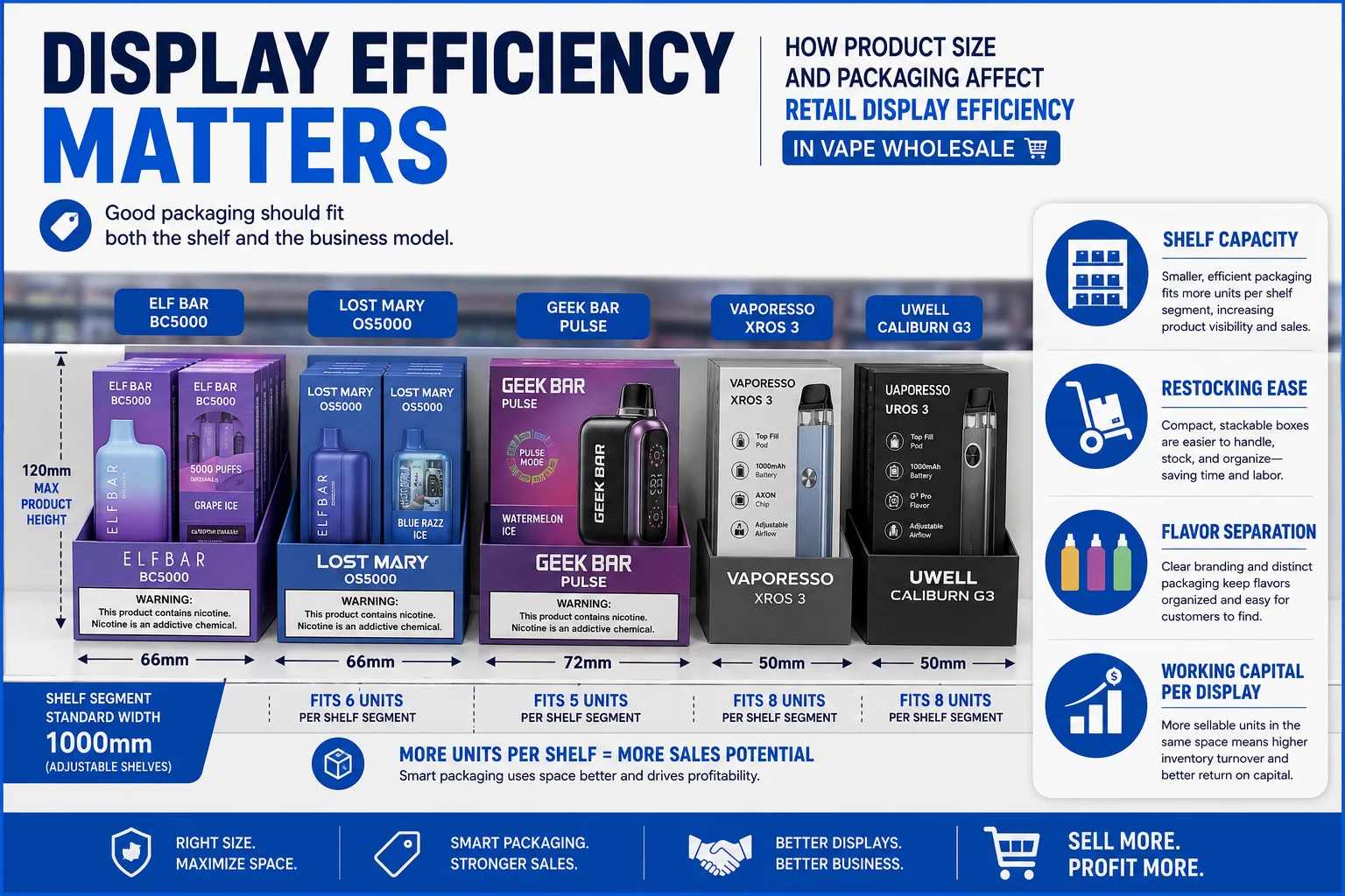 Vape wholesale display efficiency and packaging size How to think about shelf appeal in vape wholesale through display efficiency
