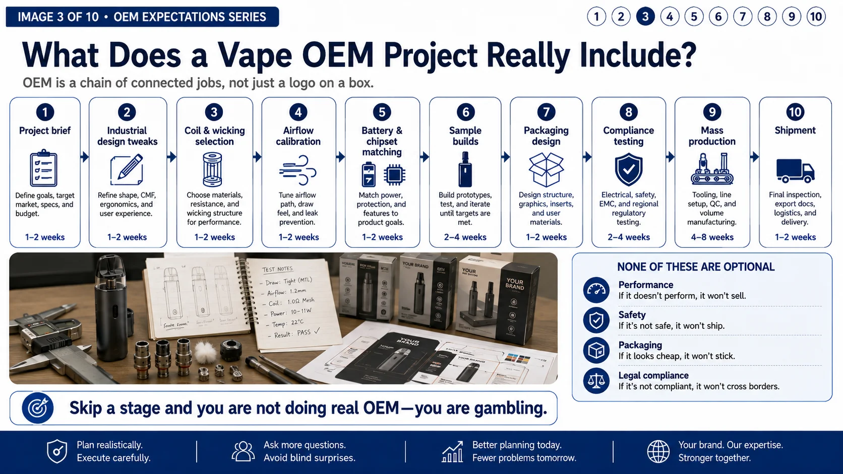 alt a flowchart showing the 10 real stages of a vape OEM project, each with a time estimate
