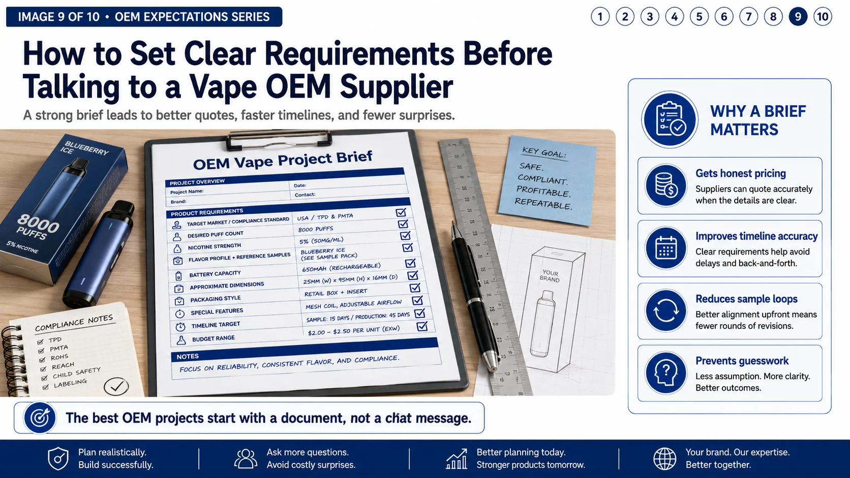 alt a template document titled OEM Vape Project Brief with fields for compliance, specs, packaging, timeline