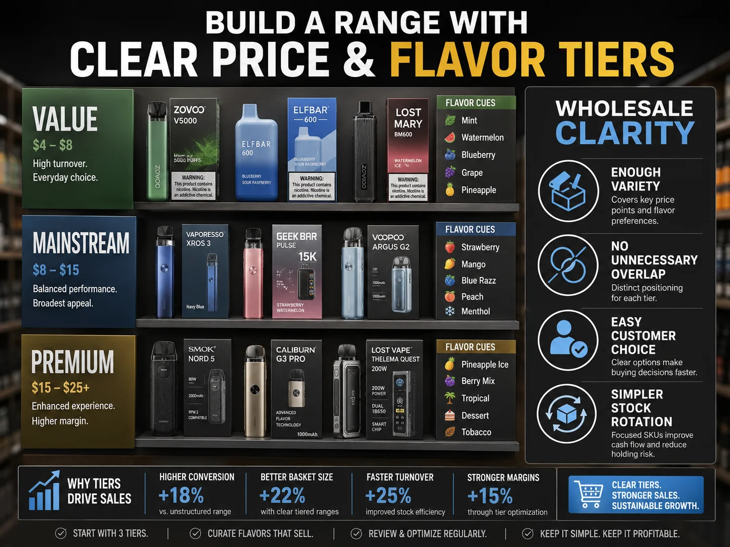 What makes a vape product line easier to sell through clear price and flavor tiers