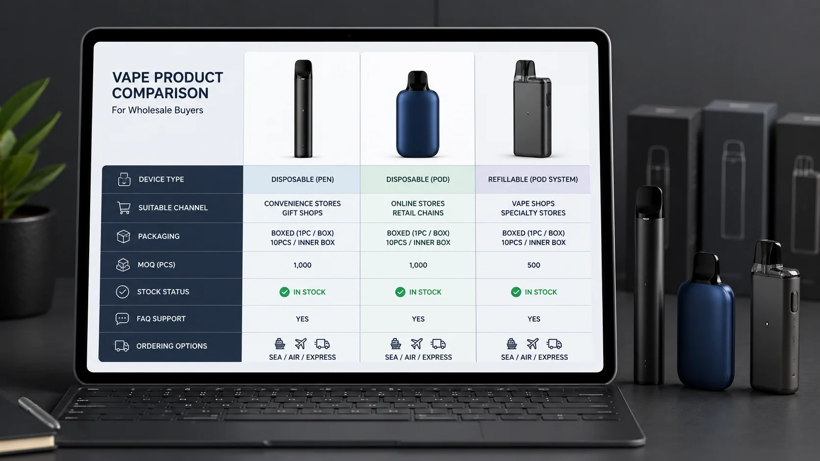 Vape product comparison table for wholesale buyers