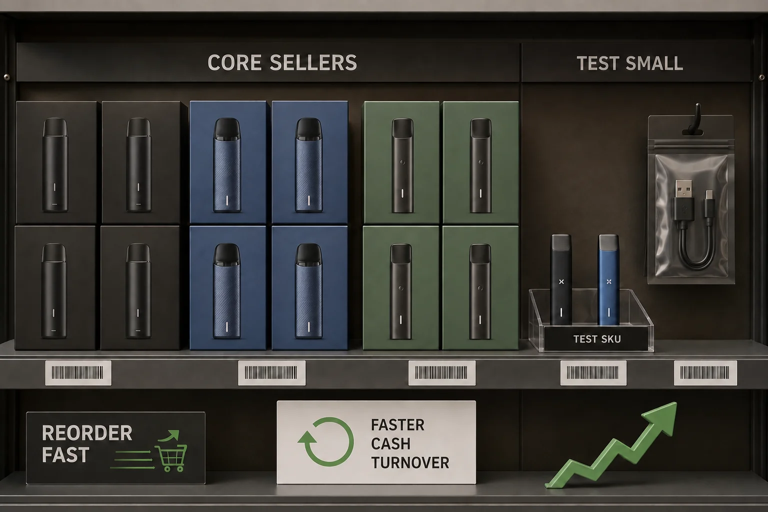 simplified vape inventory display focusing on top sellers