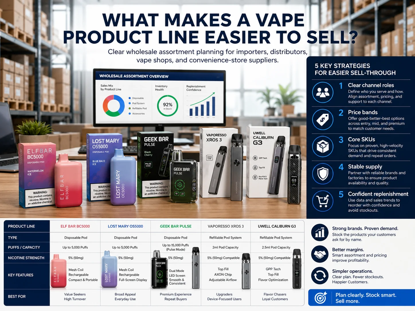 Vape products displayed with wholesale strategies for importers and distributors, featuring brands like Elf Bar, Geek Bar, and Uwell.