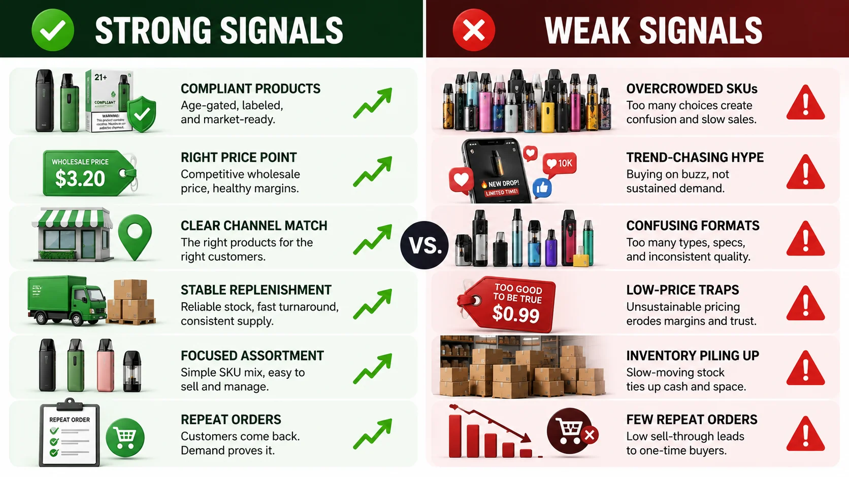 Focused vape catalogue strategy Focused vape range compared with overloaded vape catalogue