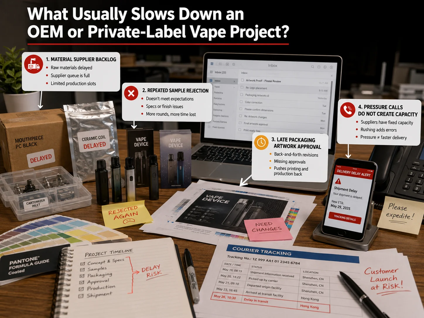 a photo of a crowded desk with packaging samples, color swatches, and a delayed delivery notice