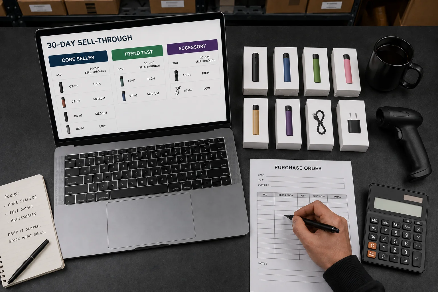 Desk with vape products in boxes, a laptop showing 30-day sell-through data, a purchase order form being filled out, calculator, barcode scanner, and coffee mug.
