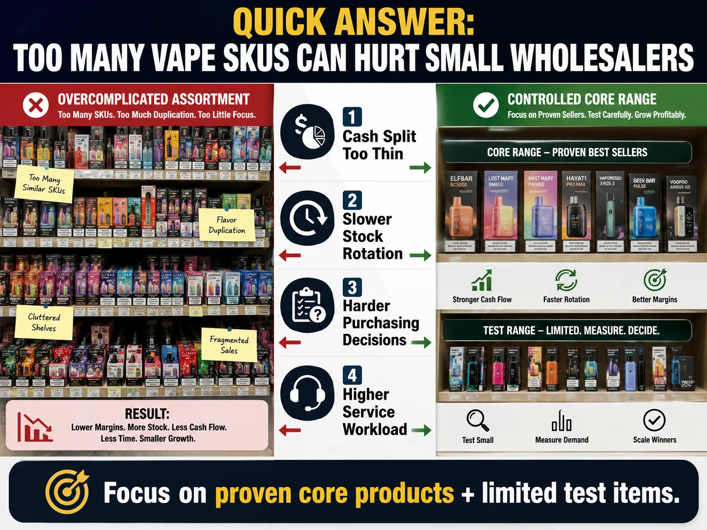 Comparison between overcomplicated vape SKUs and controlled core ranges, highlighting efficient management strategies for small wholesalers.