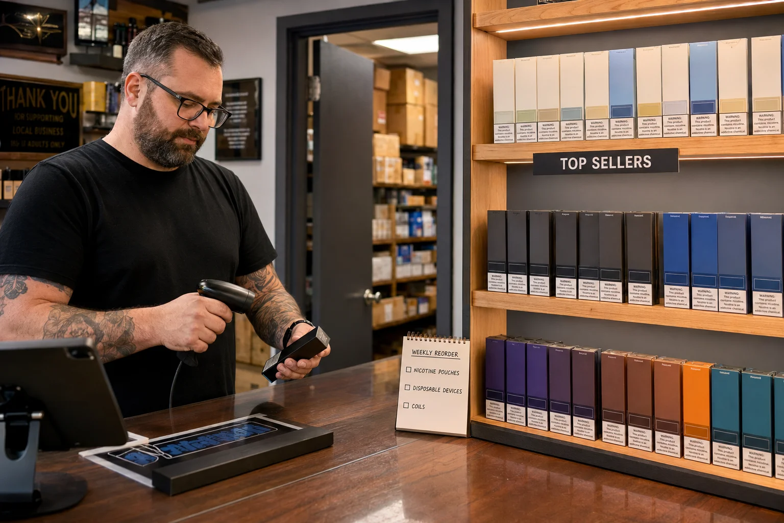 a small vape shop owner with a focused display of best-selling vapes