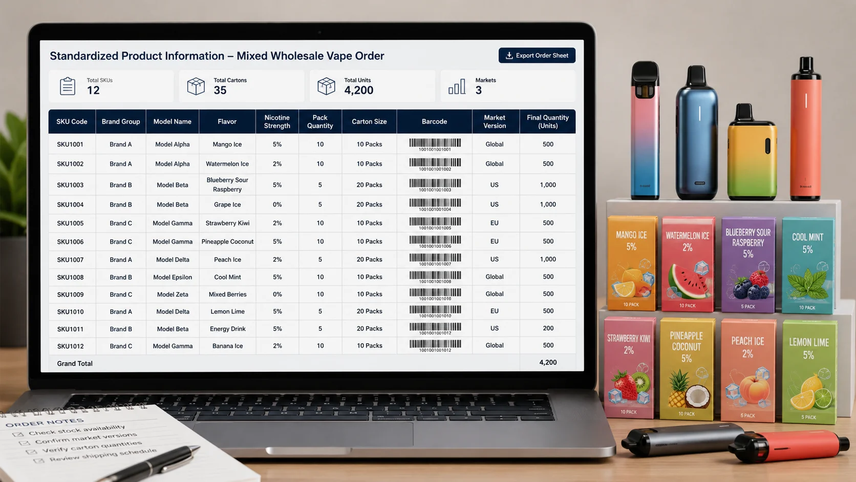 Standardized vape wholesale product information standardized multi brand vape wholesale order product sheet
