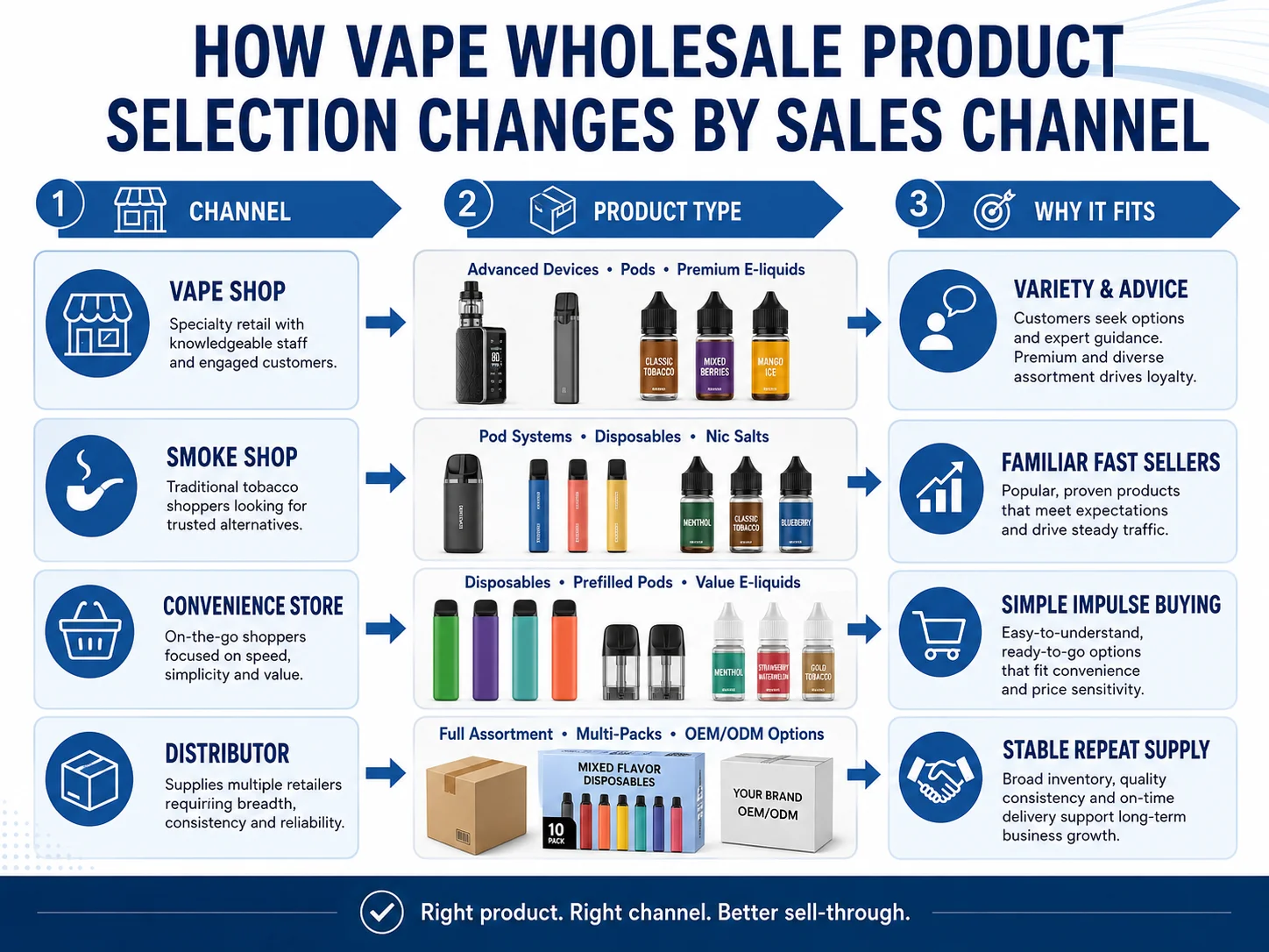 What makes a vape product line easier to sell with channel-specific wholesale selection