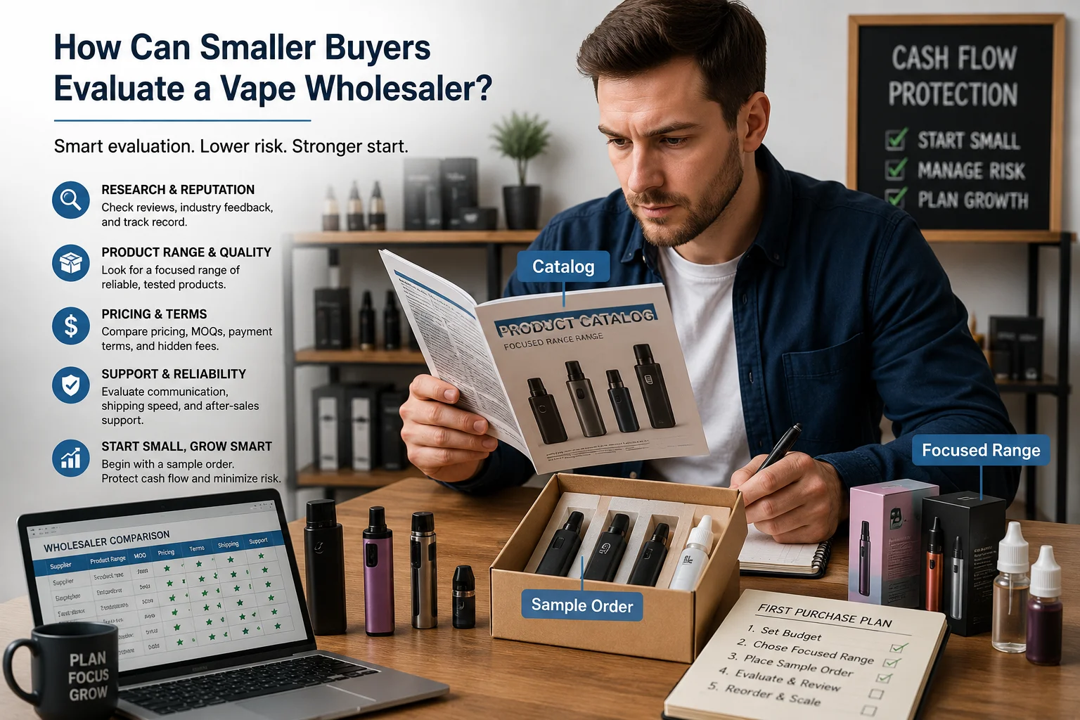 Small vape shop buyer evaluating a vape wholesaler with sample order and product catalog