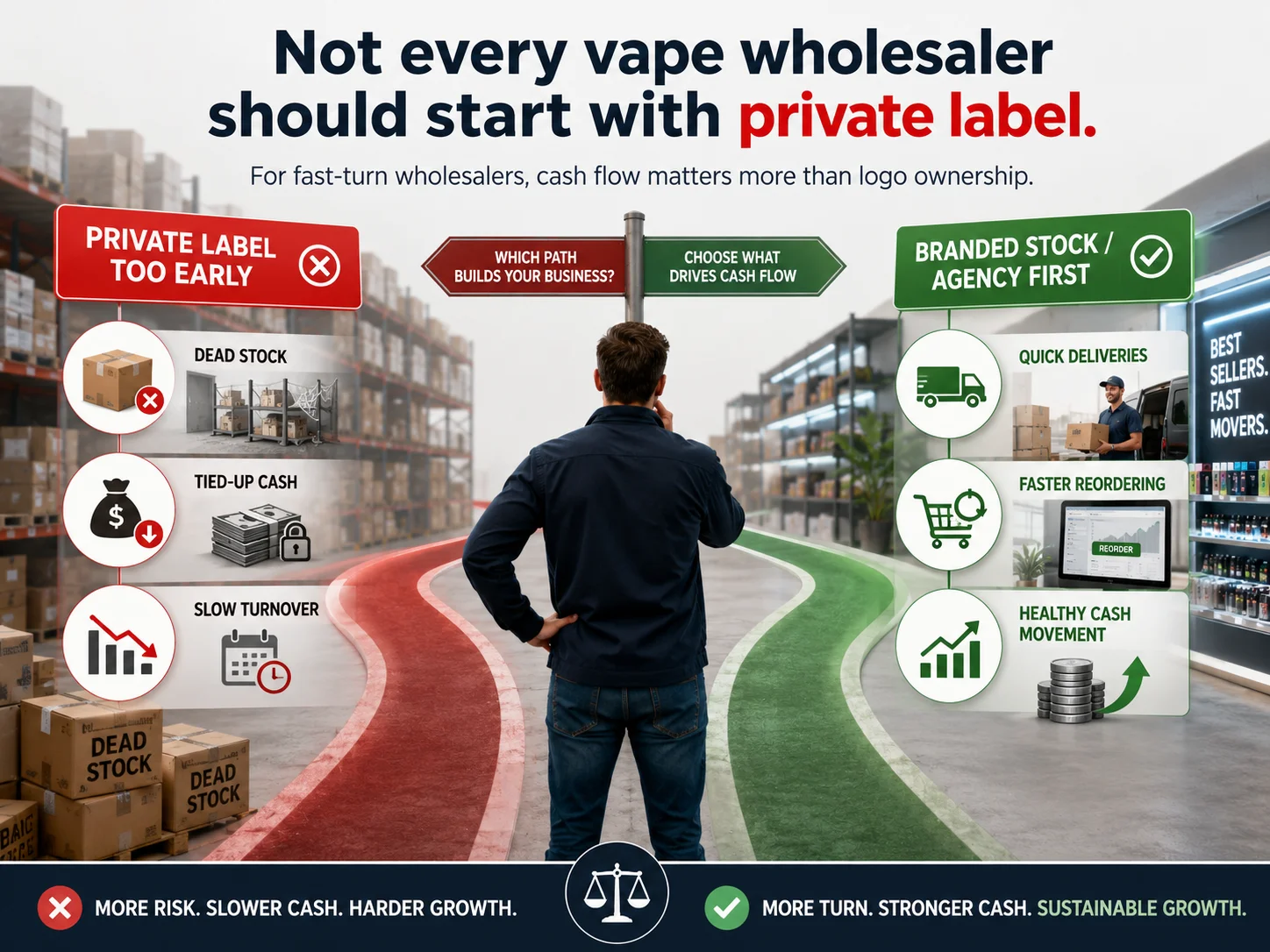 Man standing at a crossroads inside a warehouse. One path marked red illustrates risks of private label too early, such as dead stock and slow turnover. A green path highlights benefits of branded stock, including quick deliveries and healthy cash flow.