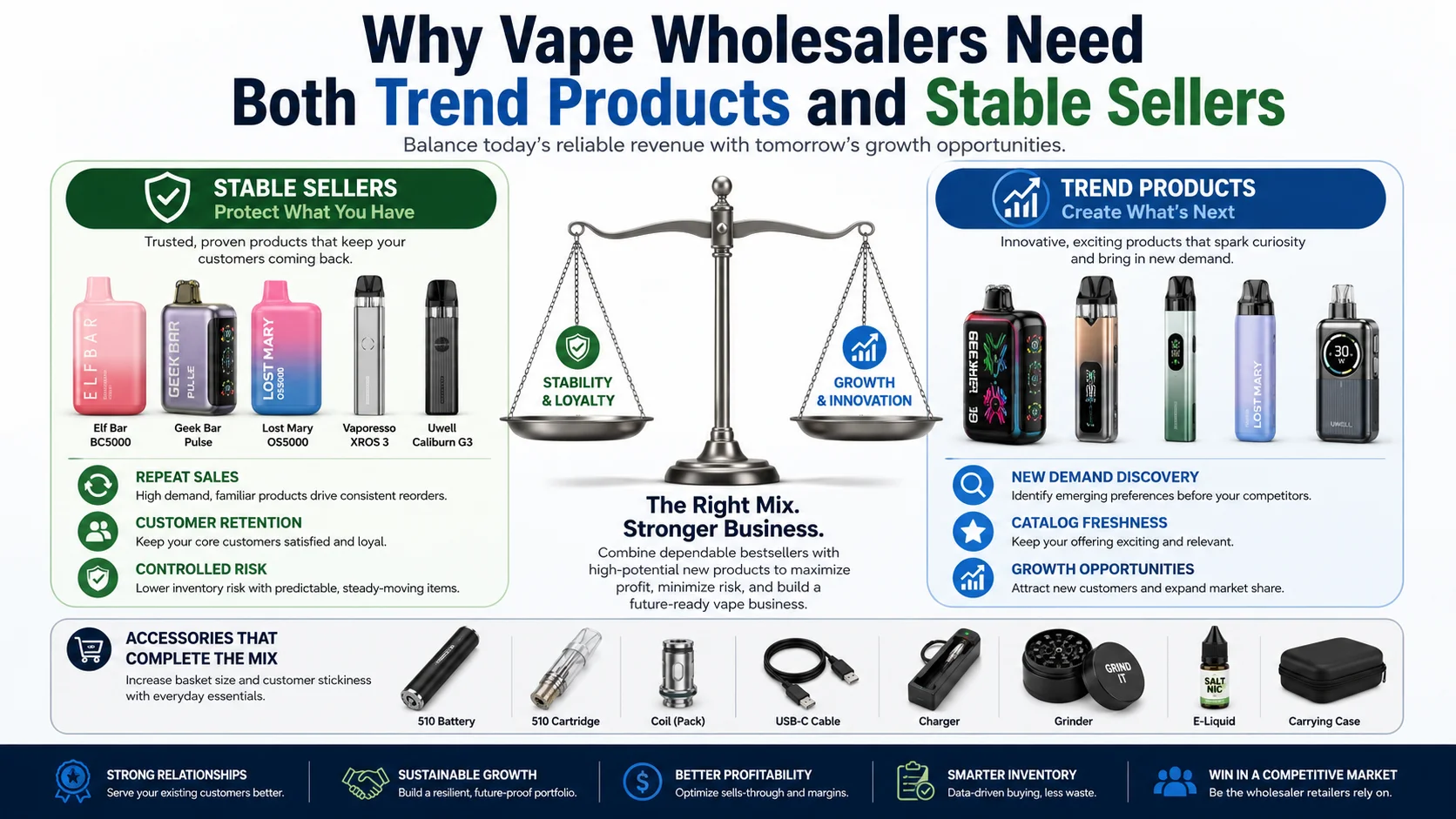 Balanced vape wholesale selection Vape wholesale product mix with trend products and stable sellers