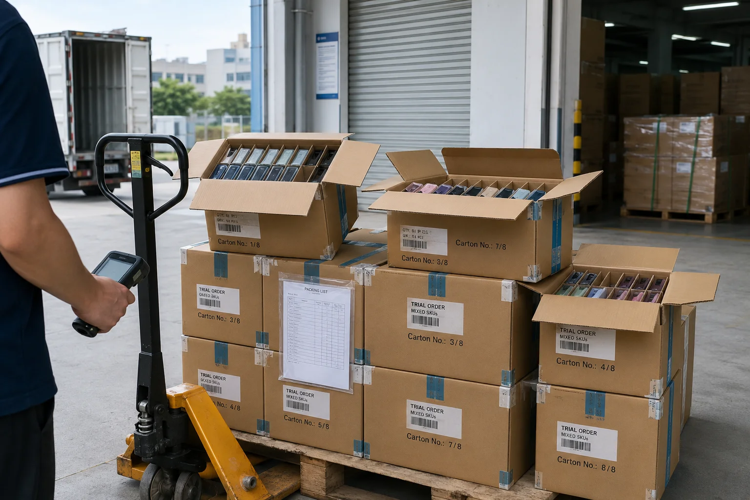 Worker inspecting cartons of e-cigarettes on pallets by scanning them with a handheld device in a warehouse near open loading dock.